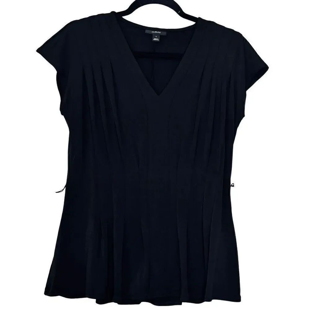 Alfani V-Neck Short Cap Sleeve Pleated Peplum Top Black Small